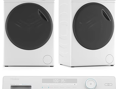 Haier White Washing Machines With Black Circular Doors And Digital Control Panel With 3d model