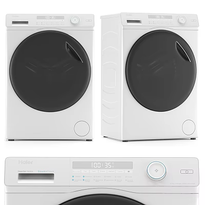 Haier White Washing Machines With Black Circular Doors And Digital Control Panel With 3d model