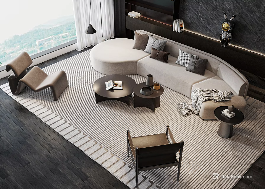 Modern Curved Sofa and Coffee Table Set with Accent Chairs and Area Rug 3d model 