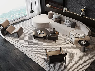 Modern Curved Sofa and Coffee Table Set with Accent Chairs and Area Rug 3d model