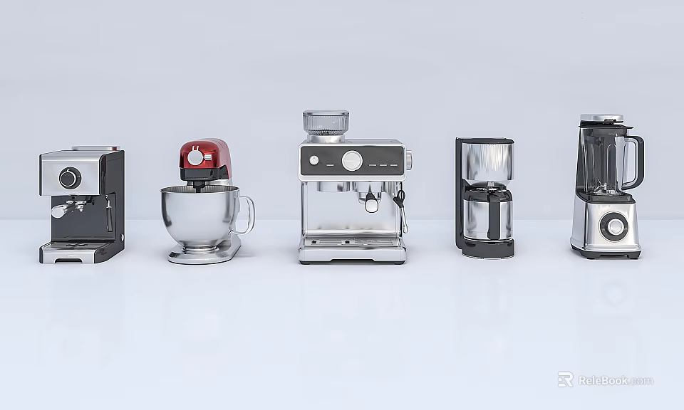 Modern Household Kitchen Appliances Featuring Coffee Maker Blender Grinder And Mixer Design 3d model 