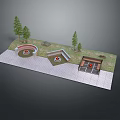 Small Outdoor Leisure Space With Circular Areas Benches Trees And Paved Ground