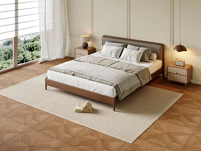 Modern Double Bed Interior With Wooden Frame Bedside Tables Lamps And Floor Rug 3d model