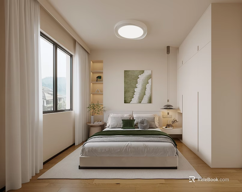 Modern Bedroom Interior With White Curtains Large Window Mountain View Green Decorative Painting 3d model 