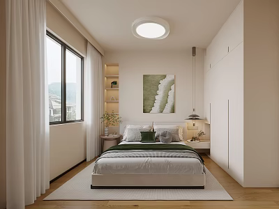 Modern Bedroom Interior With White Curtains Large Window Mountain View Green Decorative Painting 3d model