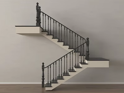 Modern Staircase With Black Handrail White Steps And Gray Wall On Wooden Floor 3d model
