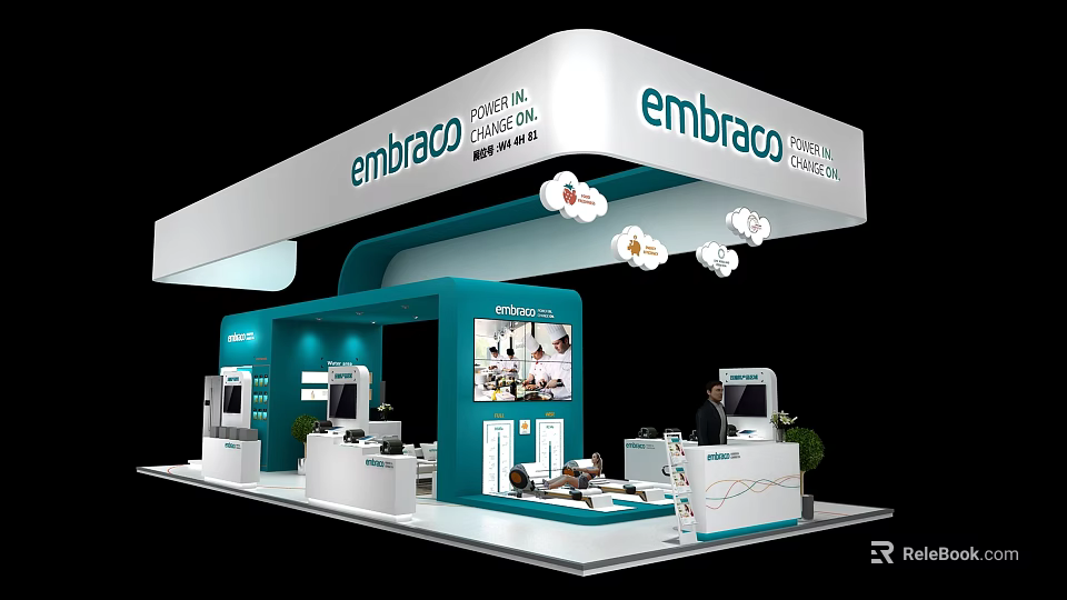 Embraco Modern White And Blue Exhibition Booth With Displays Equipment And Staff 3d model 