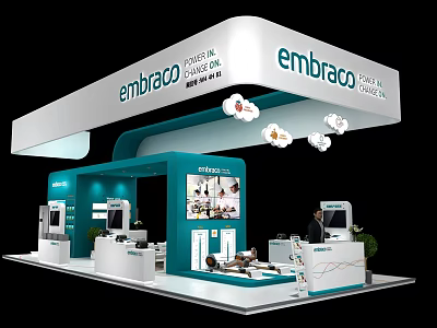 Embraco Modern White And Blue Exhibition Booth With Displays Equipment And Staff 3d model