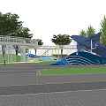 Kids Play Area Design With Net Stairs Blue Canopies Colorful Flooring And Green Plant