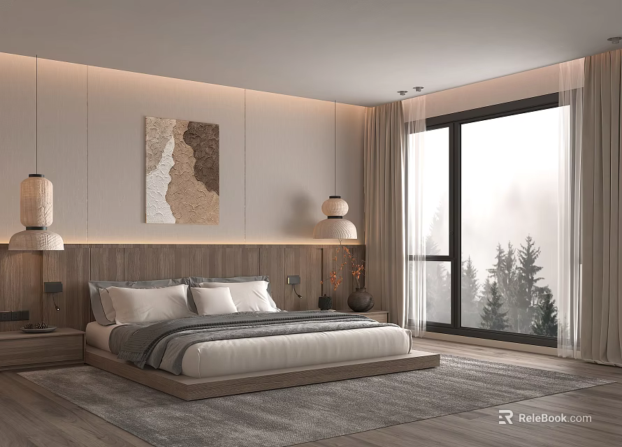 Modern Hotel Guest Room Interior With King Bed Large Window Decorative Painting And Soft Lighting 3d model 