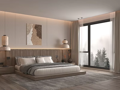 Modern Hotel Guest Room Interior With King Bed Large Window Decorative Painting And Soft Lighting 3d model