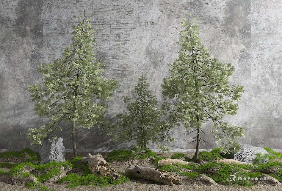 Evergreen Arbor Trees Against Gray Textured Wall with Green Grass Stones and Driftwood 3d model 