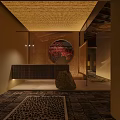 Japanese Style Teahouse Courtyard Night View With Wooden Structure Red Maple Tree And Stone Path
