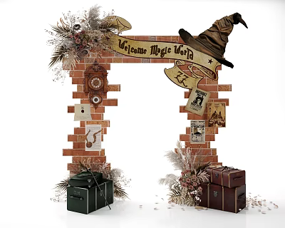 Magic World Themed Photo Spot With Brick Arch Magic Hat And Vintage Suitcases 3d model