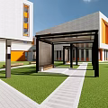 Modern Style School Building With White And Yellow Exterior Courtyard Trees Lawn And Pathway