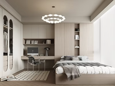 Modern Tatami Bedroom Interior Design With Wooden Bed Desk Bookshelves Ceiling Lamp And Natural Light 3d model