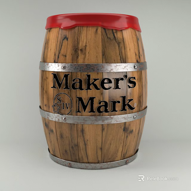 Maker's Mark Wooden Barrel With Metal Hoops And Red Top For Home Use 3d model 
