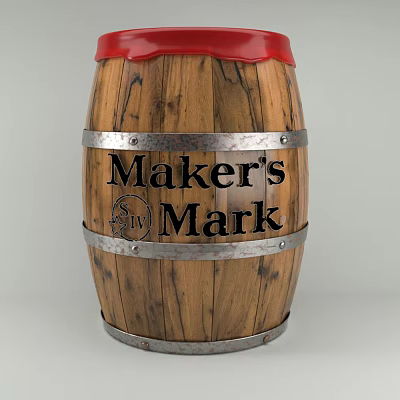 Maker's Mark Wooden Barrel With Metal Hoops And Red Top For Home Use 3d model
