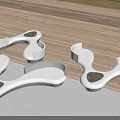 Curved White Modern Landscape Seats With Green Grass Inserts On Reflective Glass And Wooden Deck