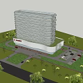 Modern High Rise Office Building With Glass Facade And Landscaped Gardens
