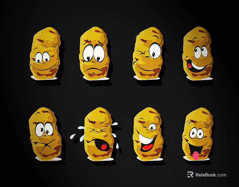 Cute Yellow Cartoon Potatoes With Various Expressions And Funny Faces 3d model 