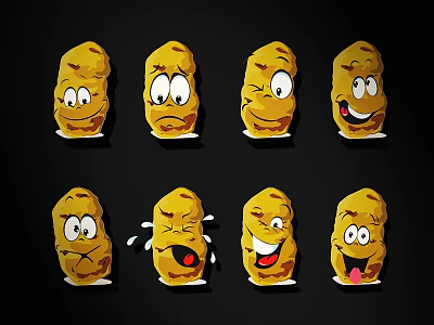 Cute Yellow Cartoon Potatoes With Various Expressions And Funny Faces 3d model