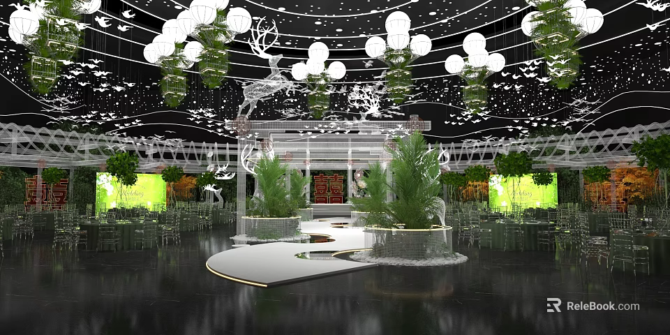 Elegant Banquet Hall With Chandeliers Green Plants And Modern Stage Design 3d model 