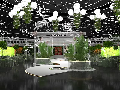 Elegant Banquet Hall With Chandeliers Green Plants And Modern Stage Design 3d model