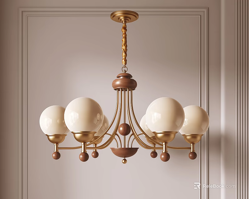 Modern Golden Wooden Chandelier With White Spherical Shades For Interior Decor 3d model 
