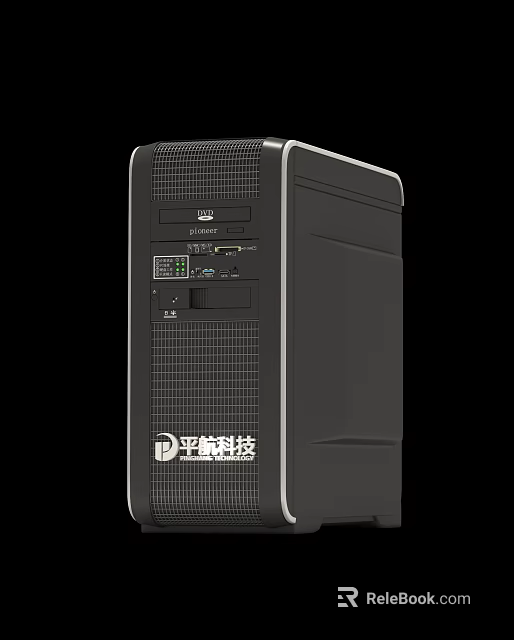 Sleek Black Desktop Computer Tower With Mesh Front Panel And Front Ports Layout 3d model 
