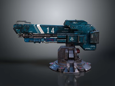 Futuristic Blue Mechanical Weapon With Number 14 And Heavy Stand Base Detailed Structure 3d model