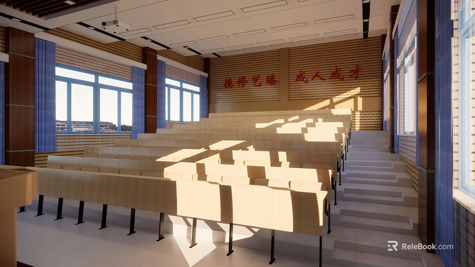 School Lecture Hall Interior with Rows of Desks Large Windows and Natural Light 3d model 