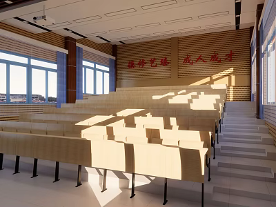 School Lecture Hall Interior with Rows of Desks Large Windows and Natural Light 3d model