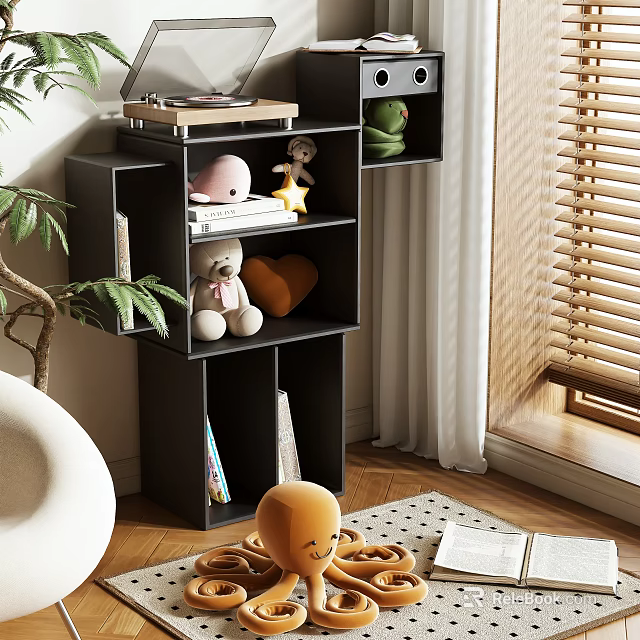 Modern Storage Cabinet Shelf With Teddy Bear Star Toy Books And Green Plant By Window 3d model 