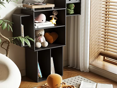 Modern Storage Cabinet Shelf With Teddy Bear Star Toy Books And Green Plant By Window 3d model