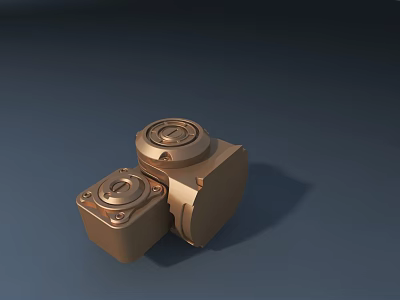 Golden Metal Mechanical Components With Circular Lids And Screws On Blue Background 3d model