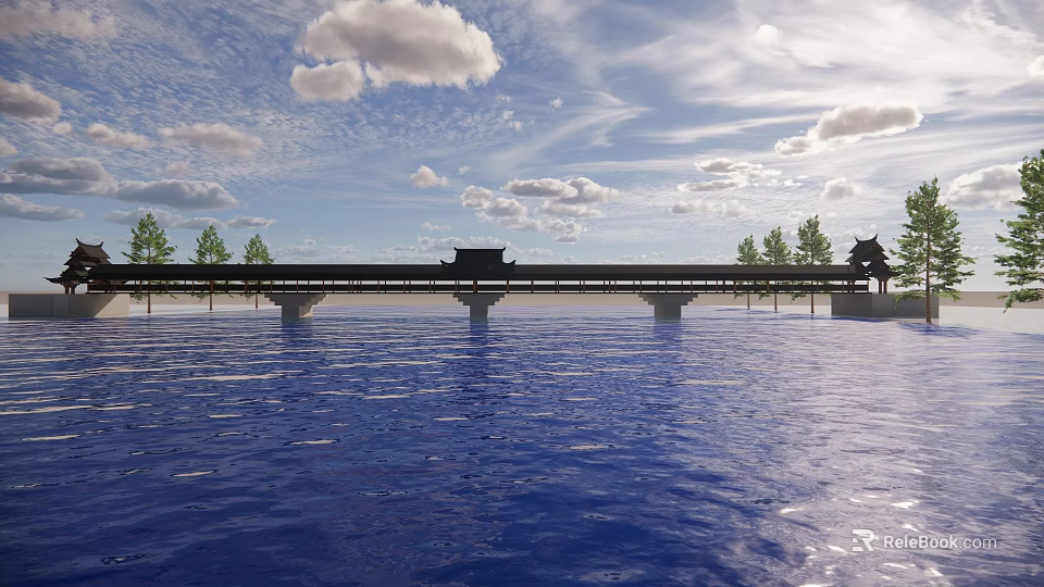 Traditional Bridge Spanning Over Calm Water With Pavilion and Green Trees Under Blue Sky and White Clouds 3d model 