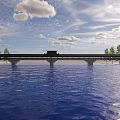 Traditional Bridge Spanning Over Calm Water With Pavilion and Green Trees Under Blue Sky and White Clouds