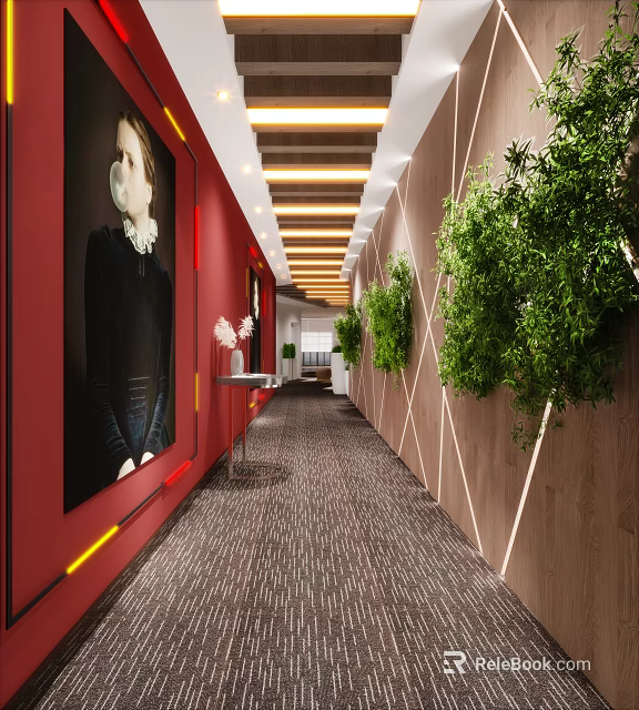Modern Office Corridor With Red Walls Decorative Painting Green Plants And Strip Lights 3d model 