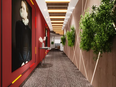 Modern Office Corridor With Red Walls Decorative Painting Green Plants And Strip Lights 3d model