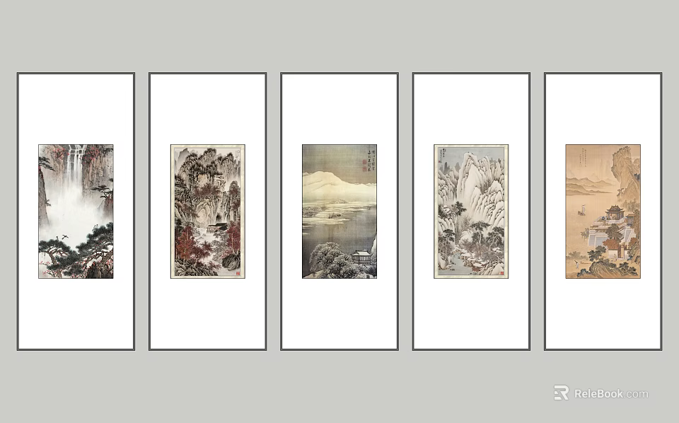 Traditional Chinese Landscape Paintings with Mountains Waterfalls and Trees in Framed 3d model 