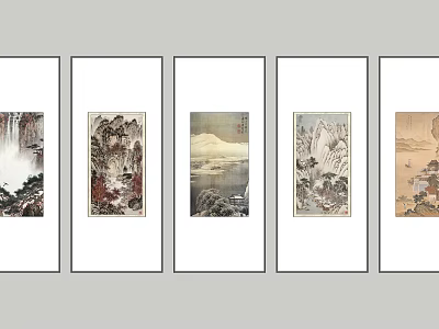 Traditional Chinese Landscape Paintings with Mountains Waterfalls and Trees in Framed 3d model