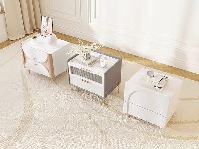Modern Bedside Tables With White Gray Pink Design Decorative Clock Vase Photo Frame On Carpet 3d model