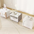 Modern Bedside Tables With White Gray Pink Design Decorative Clock Vase Photo Frame On Carpet