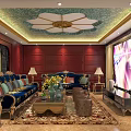 Luxurious KTV Lounge With Large Screen Green Sofas Coffee Table And Wine Racks