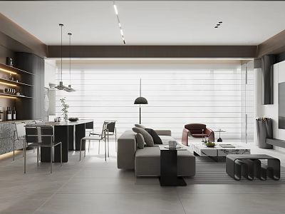 Modern Living Dining Room Interior With Sofa Dining Table And Large Windows 3d model