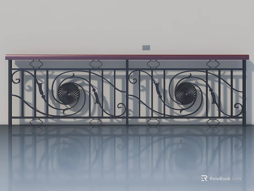 Swing Door Design With Black Iron Railings Spiral Patterns Red Top And Reflective Floor 3d model 