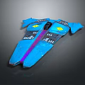 Blue Sci Fi Spaceship Model With Streamlined Design Yellow Emblems And Purple Stripe