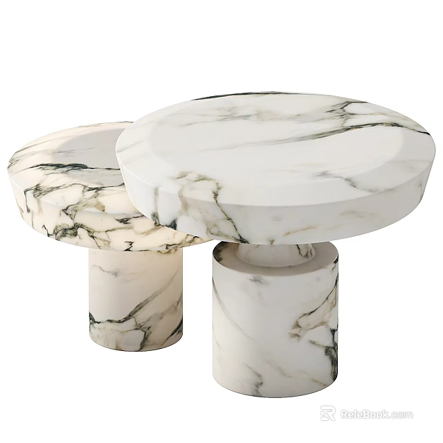Elegant Round Marble Coffee Tables With Natural Veins And Cylindrical Bases 3d model 