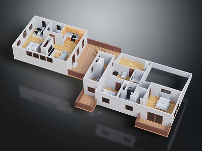 Modern House 3D Floor Plan With Animal Themed Furniture And Multiple Rooms 3d model